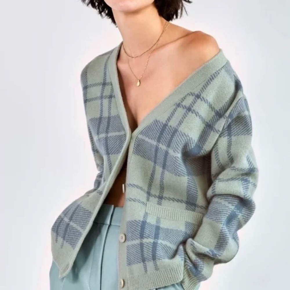 Wilfred Aritzia Bethany Cashmere Blend Crop Cardigan Blue Check Plaid XXS